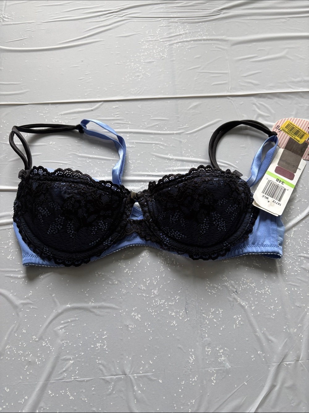 NWT Blue Lace Push-Up Bra with Black Overlay Size 34B